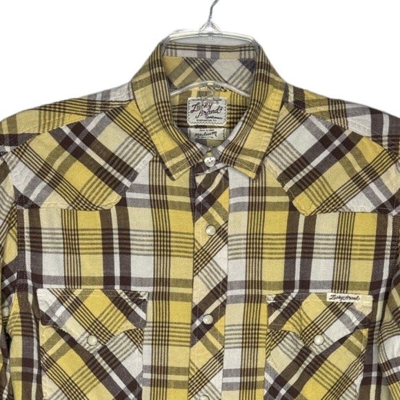 Lucky Brand Shirt Men Medium Brown Yellow Plaid Flannel Button Up Country Rustic - Picture 3 of 7